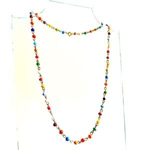 Vintage 90s rainbow-colored beads gold tone station necklace 19".multicolored
